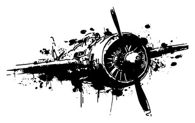 Vintage propeller aircraft illustration with expressive black ink splatters © UrbanDruid