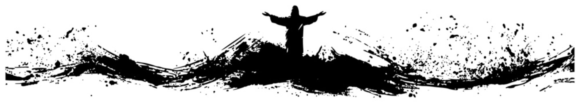 Wide horizontal panoramic border with jesus statue christ the redeemer in black ink style