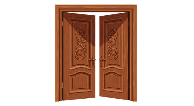 Two identical ornate brown wooden doors with gold handles and carved scrollwork are depicted slightly ajar on a clean white background.