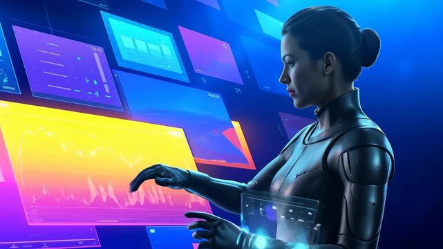Female operator interacting with holographic data interface. Professional woman in futuristic suit managing digital analytics on virtual screens. Panning camera movement.