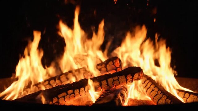 a fire is burning in a fireplace.