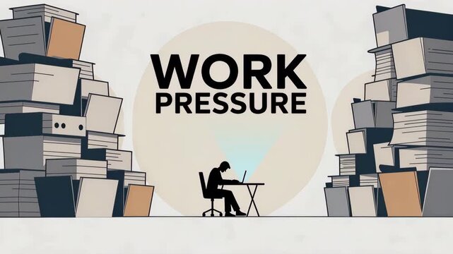 Work Pressure: A lone figure sits hunched over a desk, surrounded by towering stacks of paperwork, with the word WORK PRESSURE emblazoned overhead.