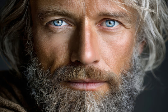 Man with striking blue eyes and a full beard showcases age and wisdom on one side of his face