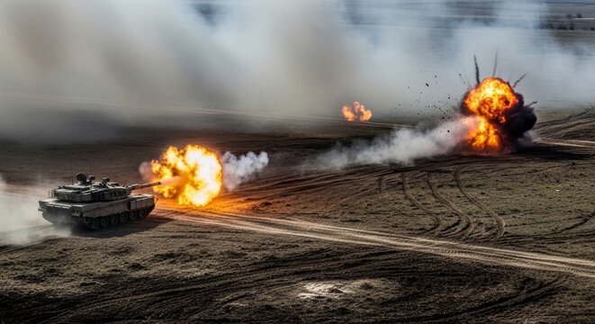 Military Tank Fires Shell in Action Landscape
