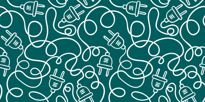 hand drawn electric plug seamless pattern with tangled cable wires on teal background for electrical connection and power design