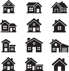 Clean and modern vector illustration of twelve minimalist house icons in black and white, perfect for real estate, architecture, and urban design projects.