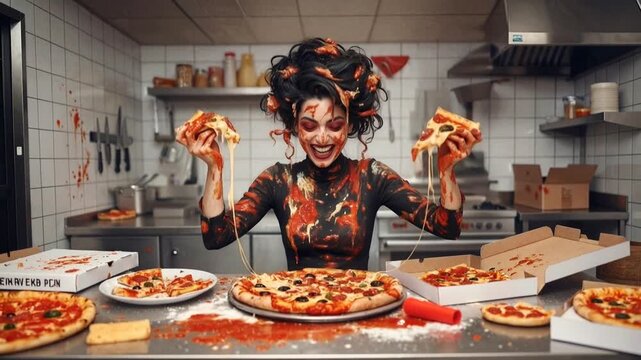 Messy woman eating pizza with tomato sauce covering her face and clothes. Chaotic kitchen scene with cheese stretching from slices. Tilt down shot.
