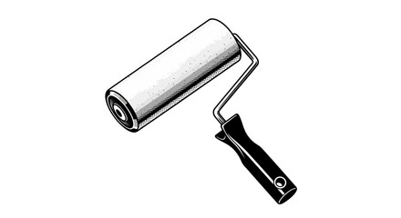 A paint roller with a black handle and silver roller on a plain white background viewed from a slight angle
