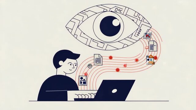 Digital Surveillance: A visual depiction of digital surveillance, showcasing a person on a computer, with an eye overhead watching over the flow of information.