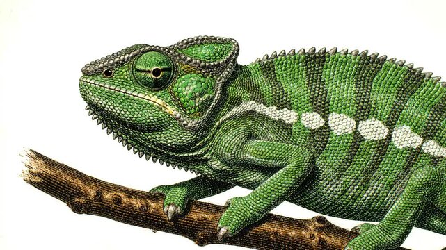 Chameleon illustrated in antique hand colored engraving style with subtle eye motion. Detailed reptile line art with natural green tones isolated on white background.