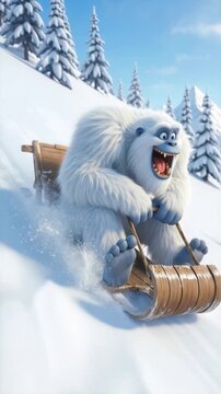 Abominable snowman sledding down snowy mountain slope. Yeti character enjoying winter activity on wooden sled. Panning shot.