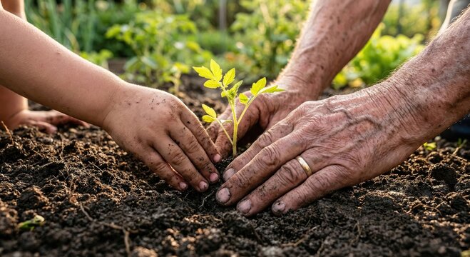 Mani di anziano e bambino che piantano insieme una giovane piantina nel terreno. Generative  AI 
