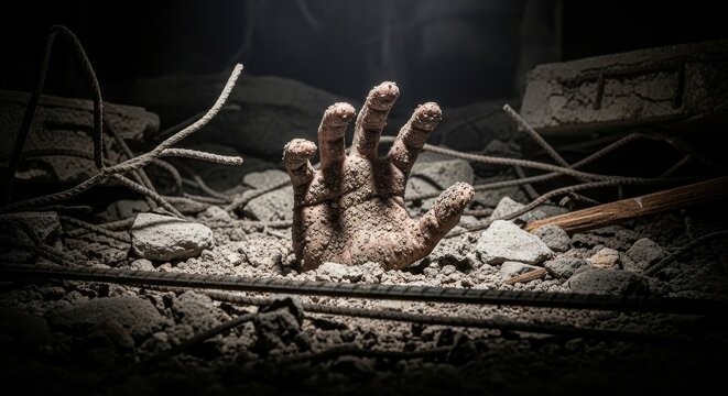 Hand Emerging From Rubble After Disaster