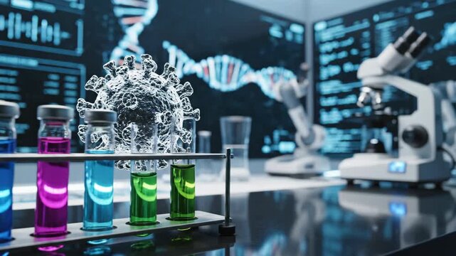 Scientist conducts clinical analysis with virus model and colored chemical fluid in test tube. Laboratory research with microscope and digital genetic data interface.