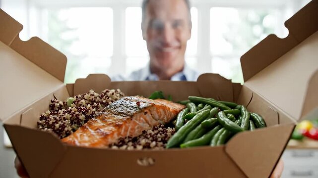 Man delivering healthy food box with fresh salmon, quinoa and green bean in kitchen. Courier showing take away meal for lunch. Organic nutrition delivery service.