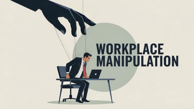 Workplace Manipulation: A metaphorical representation of workplace manipulation, with a puppet master's hand controlling a worker at his desk, highlighting issues of control and influence.