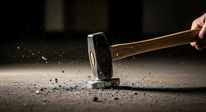 Hand wielding a hammer striking metal on ground, causing fragments, dark background