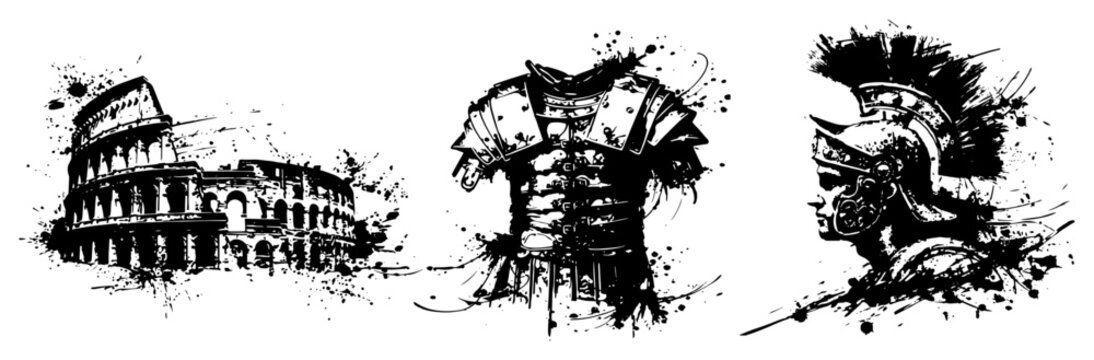 Ancient roman colosseum with gladiator armor and helmet illustration