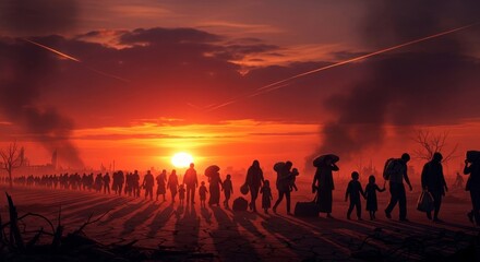 Silhouetted refugees journey across landscape at sunset