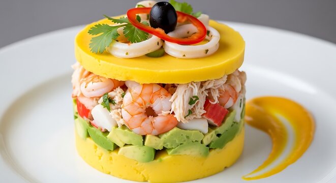 Delicious Peruvian Causa Rellena layered with seafood and avocado on a white plate
