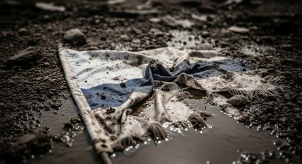 Crumpled Torn Surrender Flag Stained in Muddy Water