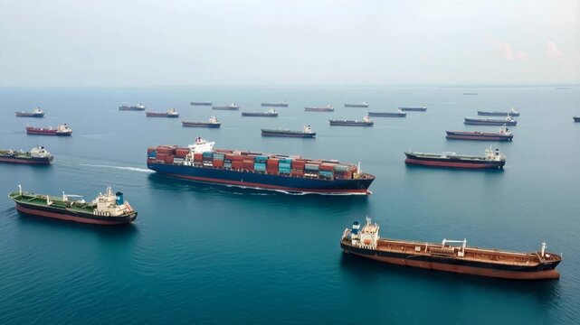 Container ship and oil tankers anchored in calm open sea. Static wide shot of maritime logistics and global trade.