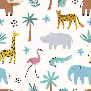 Safari animals seamless pattern with giraffe elephant flamingo and crocodile