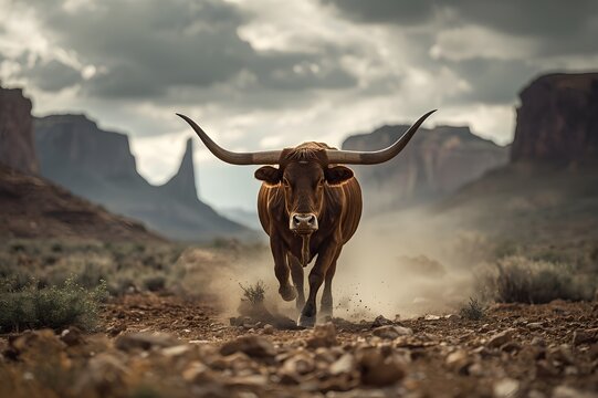 A strong powerful bull angry in a dusty background.The concept of achieving success through determination and dedication