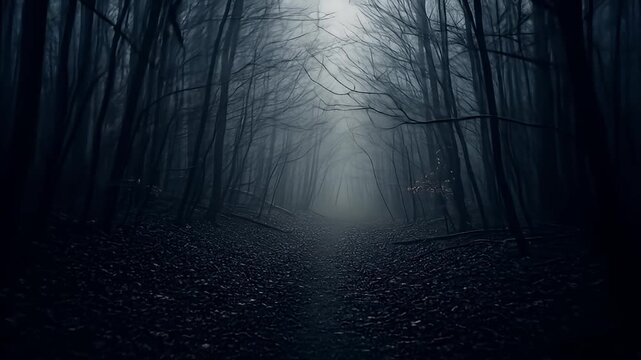 A somber path winds through a dense, dark, misty forest of leafless trees