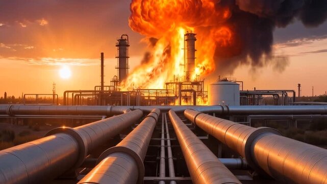 Industrial refinery explosion with massive fire and black smoke at sunset. Lockdown wide shot.
