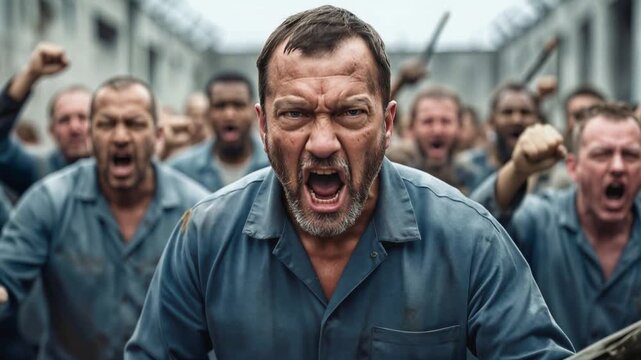 Angry male inmates rioting in prison yard. Group of prisoners shouting and holding makeshift weapons during chaotic protest. Handheld tracking shot.