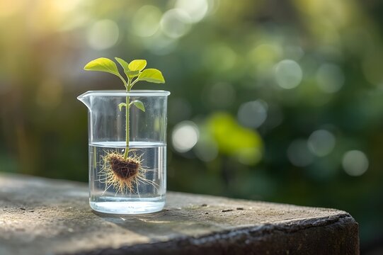 green sprout growing in glass beaker for scientific research