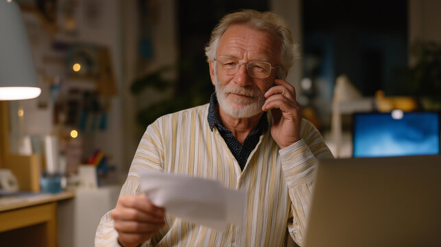 Senior citizen's unpaid bills piling beside computer with expired software, digital poverty intersection, ideal for financial exclusion, technology access, and modern vulnerability theme cinematic