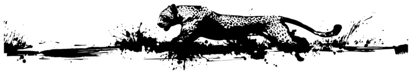 Fast running leopard in a horizontal banner design with artistic ink splatters and black and white style © UrbanDruid