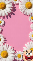 Fototapeta premium Cheerful cartoon character surrounded by daisies, conveying joy and fun, against a vibrant pink background, perfect for celebrating International Day of Happiness or April Fool's Day with copy space.