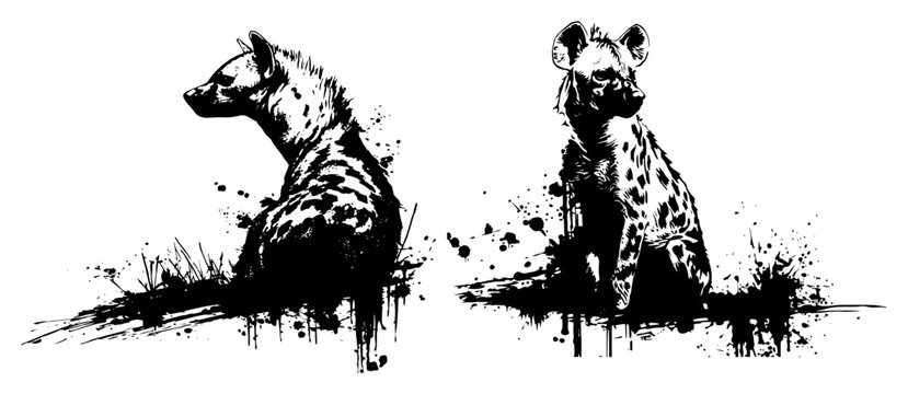 Spotted hyena sitting and looking around in artistic black ink splatter wildlife style