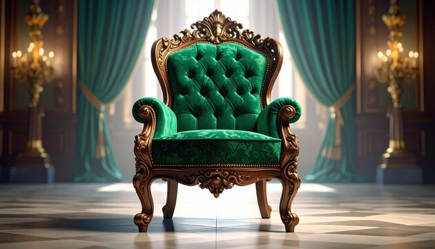 Exquisite Ornate Mahogany Armchair Upholstered in Rich Emerald Green Velvet Fabric with Gold Accents