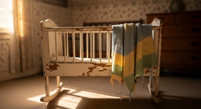 Empty Wooden Cradle Draped with a Knitted Blanket