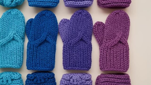Knitted colorful mittens and headbands in a neat grid on white surface, handmade