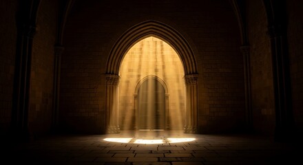 Fototapeta premium Interior of a stone cathedral with arched doorway bathed in ethereal light, creating shadows