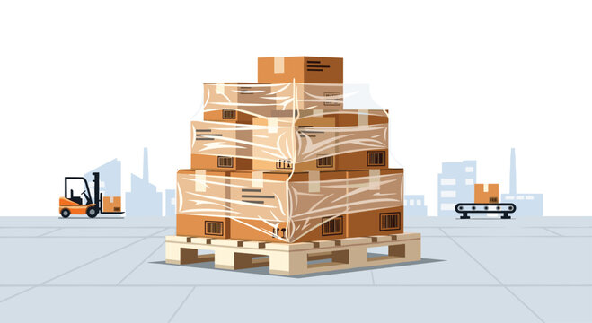 A large stack of shrink-wrapped cardboard boxes sits on a wooden pallet with a forklift in the distant background.