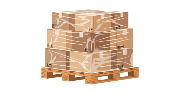 Three large cardboard boxes, individually wrapped in clear plastic film, are stacked pyramid-style on a wooden Euro pallet against a clean white background.