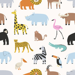 Fototapeta premium Cute african safari animals hand-drawn seamless pattern for kids