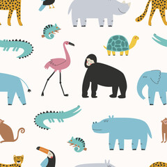 Fototapeta premium Hand-drawn seamless pattern with african animals elephant crocodile and hippo