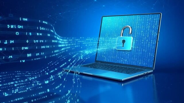 Laptop displaying digital security lock with binary code stream. Cyber security and data protection concept.