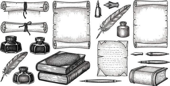 Vintage Writing and Manuscript Elements Collection with Scrolls, Ink Bottles, Quill Pens and Old Books in Hand Drawn Engraving Style Vector Set