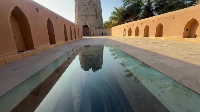 Historic Al Aqr Wall in Nizwa showing traditional Omani architecture with mud buildings palm trees and old defensive structure in a famous cultural landmark. Nizwa, Oman - February 20, 2026