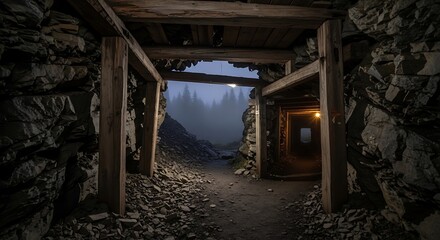 Fototapeta premium Interior view of a dimly lit tunnel carved into stone, leading to a misty outdoors scene