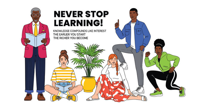 Vector illustration of diverse people learning and relaxing