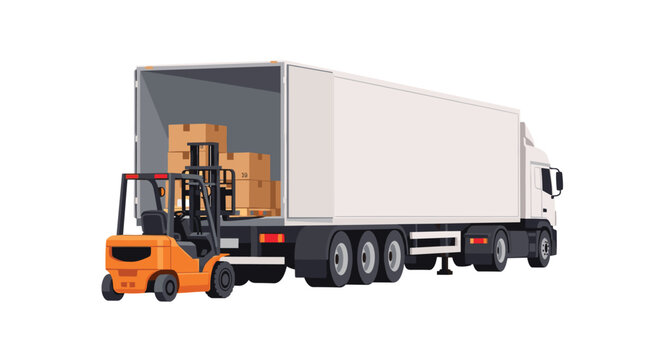 An orange forklift is seen backing into the open rear of a large white semi-trailer truck, preparing to load or unload stacked cardboard boxes.